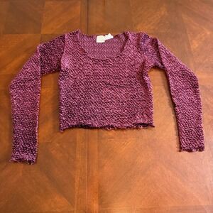 Vtg Moda International Crinkle Stretch Top M burgundy Textured Long‎ Sleeve Y2K